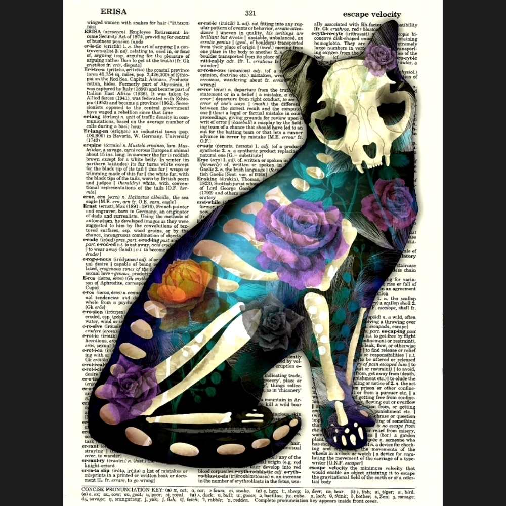 Sugar Skull Cat Gothic Dictionary Art Print Decor